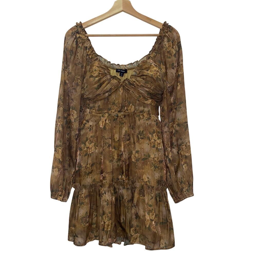 NWT Blu Pepper, Small Brown Floral Dress with Sheer Long Sleeves